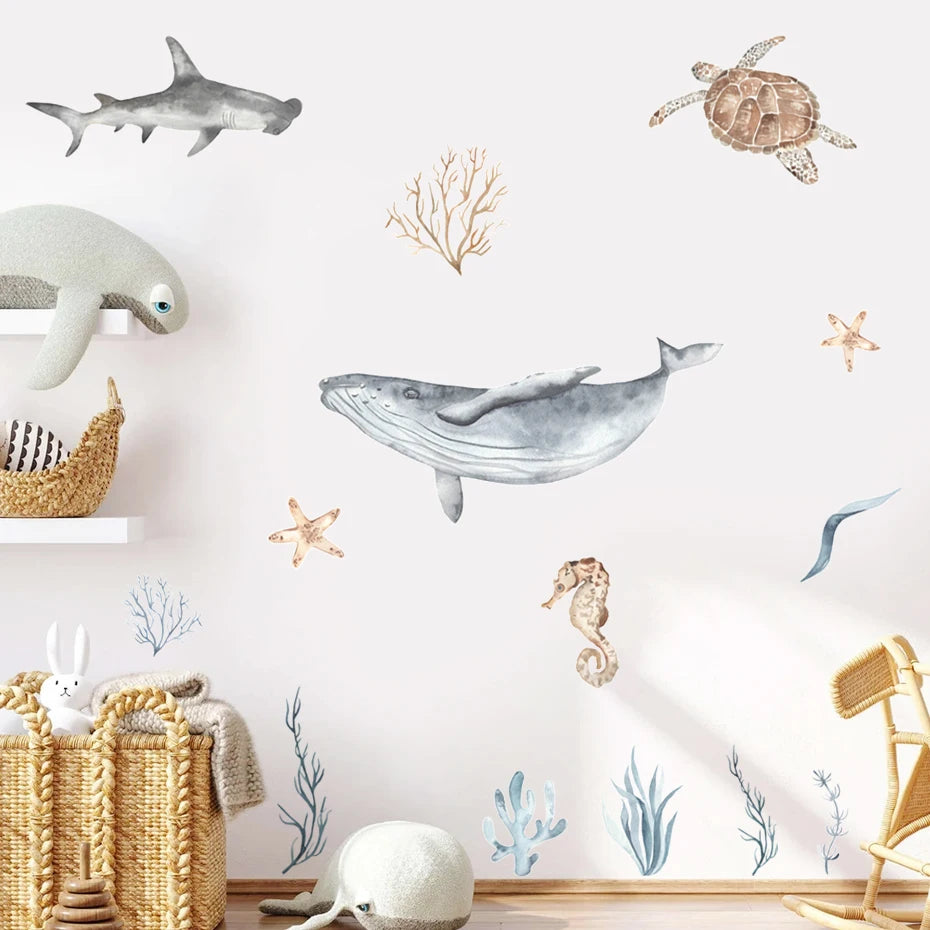 Ocean Animal Watercolor Wall Sticker, Vinyl for Nursery or kids room