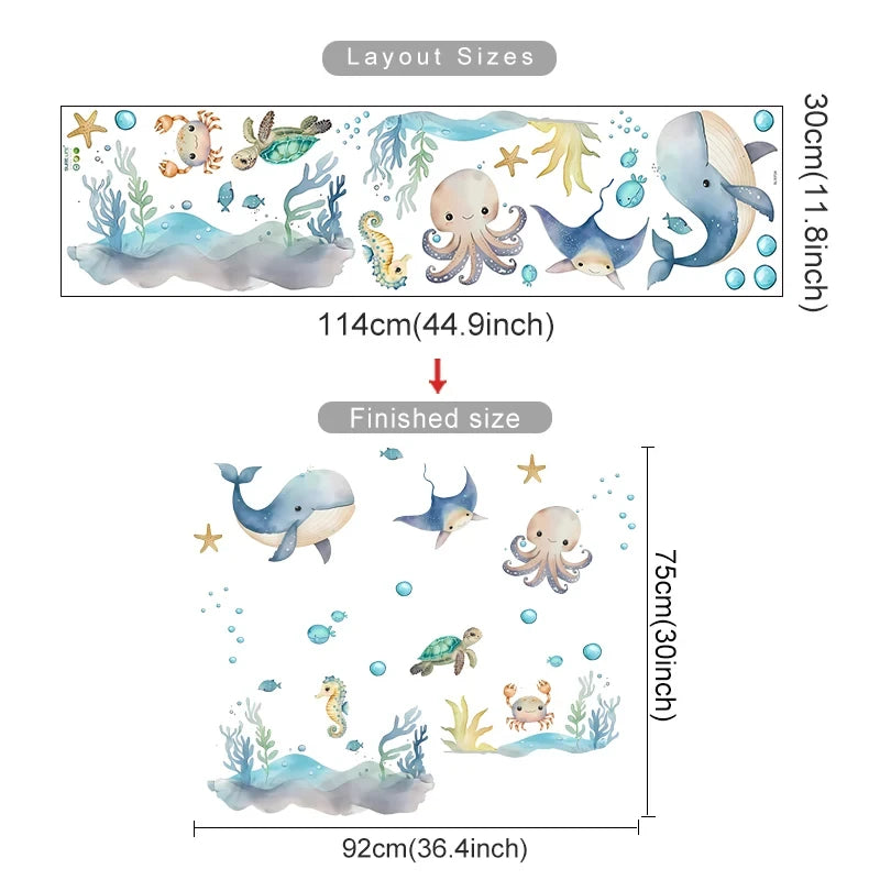 Ocean Animal Watercolor Wall Sticker, Vinyl for Nursery or kids room