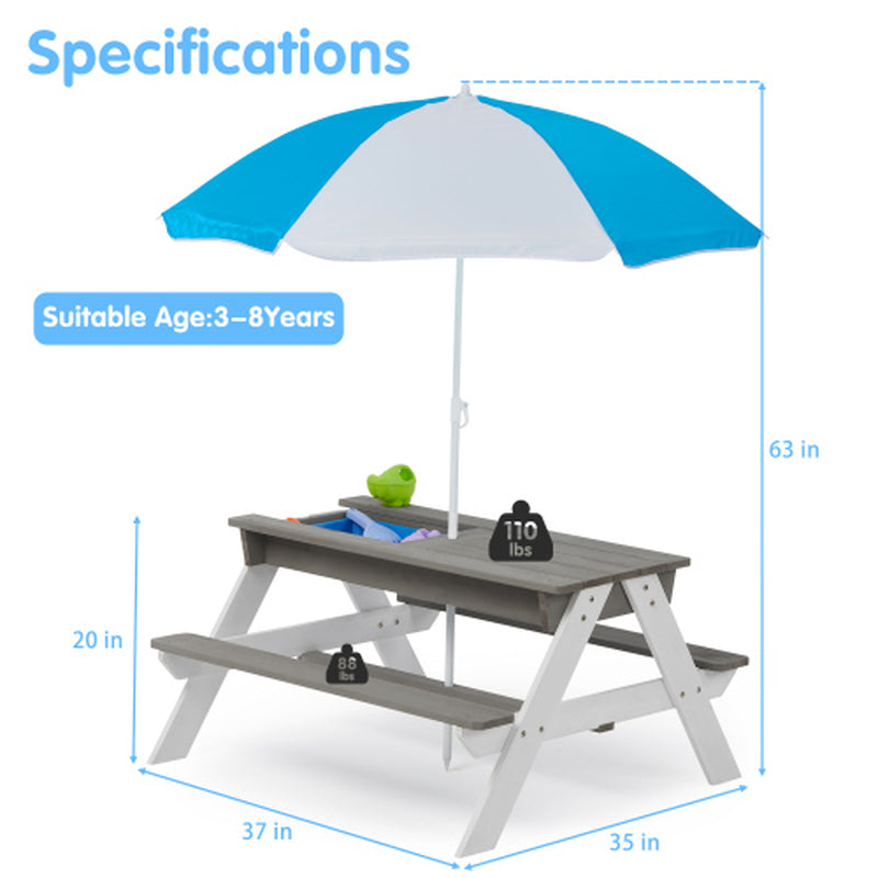 3-In-1 Outdoor Wooden Picnic Table for Kids with Umbrella