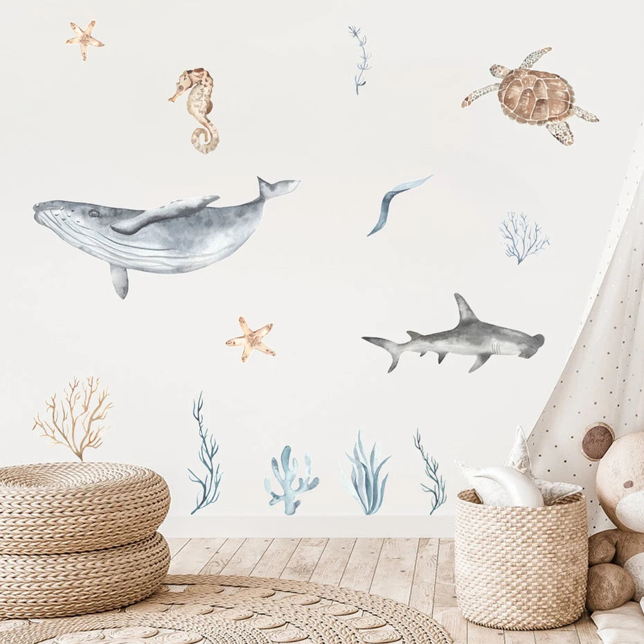 Ocean Animal Watercolor Wall Sticker, Vinyl for Nursery or kids room