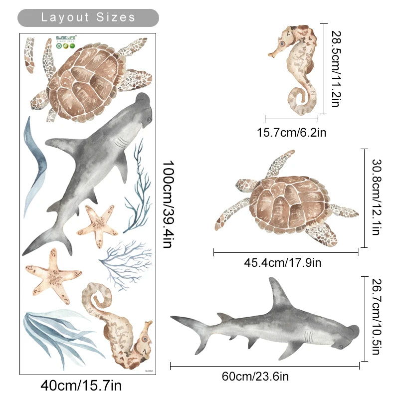 Ocean Animal Watercolor Wall Sticker, Vinyl for Nursery or kids room