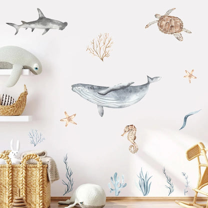 Ocean Animal Watercolor Wall Sticker, Vinyl for Nursery or kids room