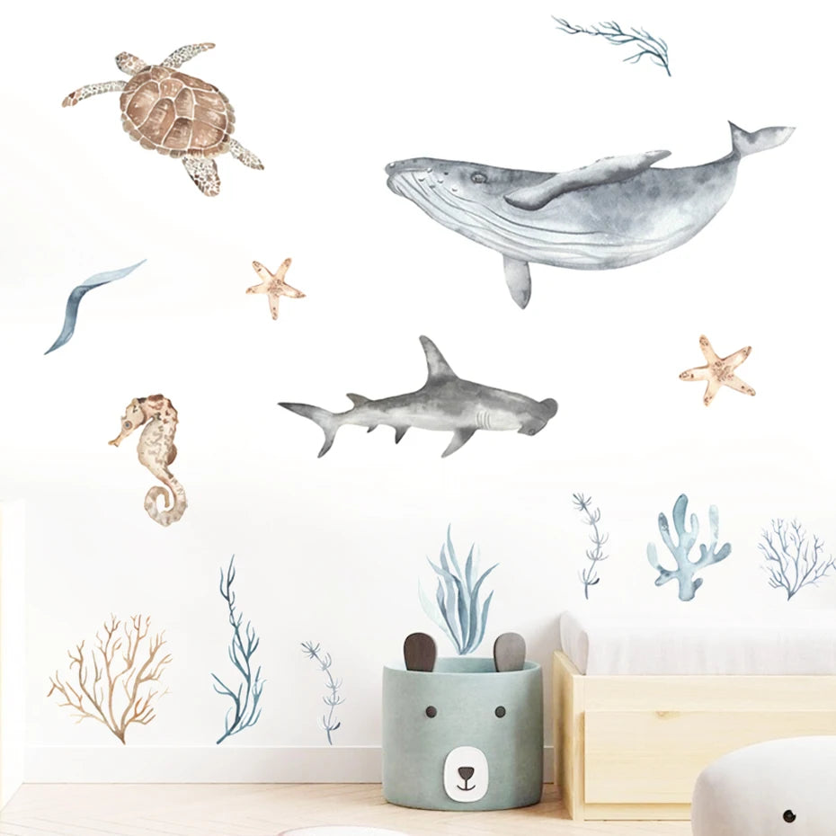 Ocean Animal Watercolor Wall Sticker, Vinyl for Nursery or kids room