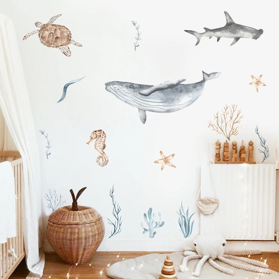 Ocean Animal Watercolor Wall Sticker, Vinyl for Nursery or kids room