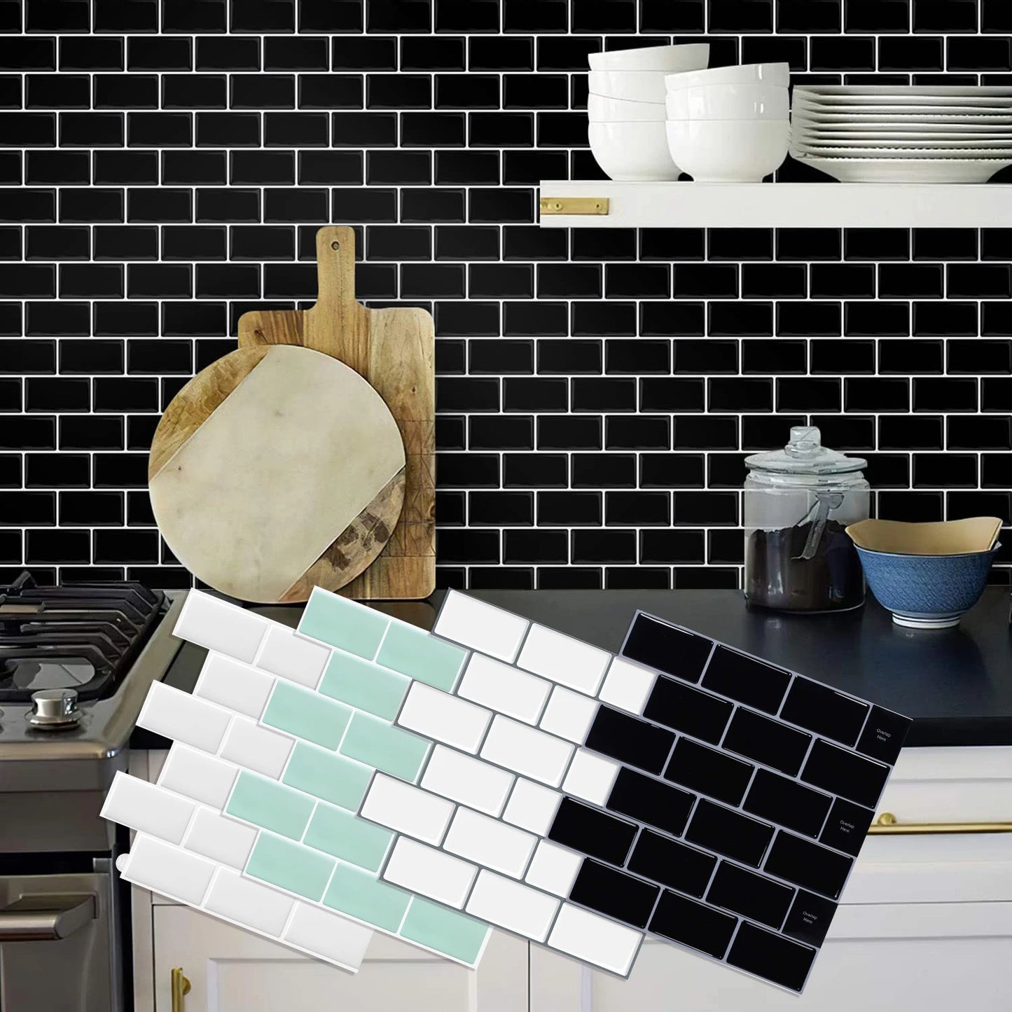 3D Texture Wall Tile Stickers, Self-Adhesive Brick Pattern for Kitchen, Bathroom...5 Pcs