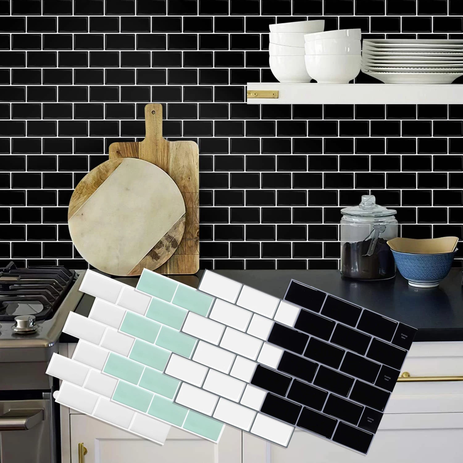 3D Texture Wall Tile Stickers, Self-Adhesive Brick Pattern for Kitchen, Bathroom...5 Pcs