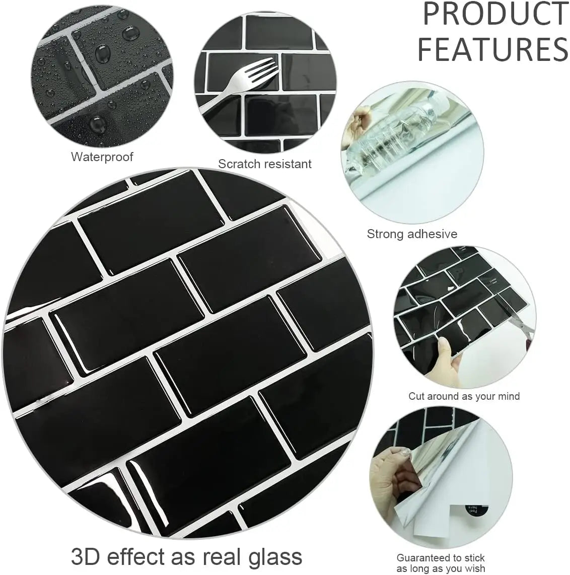 3D Texture Wall Tile Stickers, Self-Adhesive Brick Pattern for Kitchen, Bathroom...5 Pcs