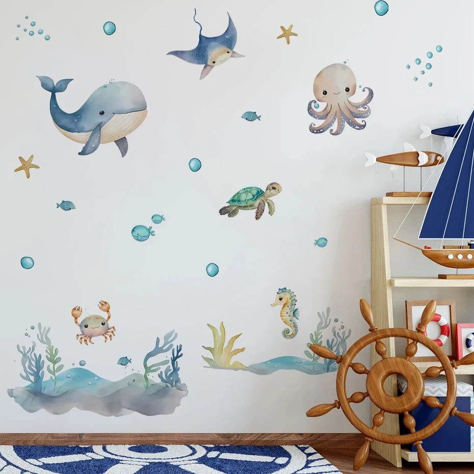 Ocean Animal Watercolor Wall Sticker, Vinyl for Nursery or kids room