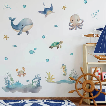 Ocean Animal Watercolor Wall Sticker, Vinyl for Nursery or kids room